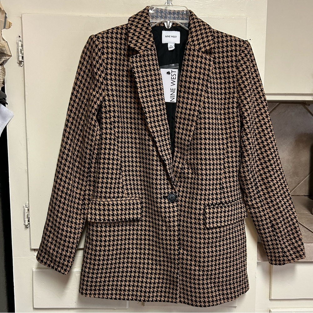 Nine Wes Jacket Blazer Size XS Houndstooth Tan Black Career Workwear Classic NWT